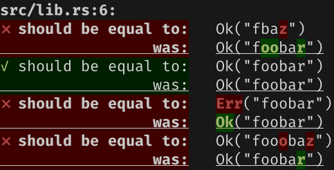 Colored diff of the compared values